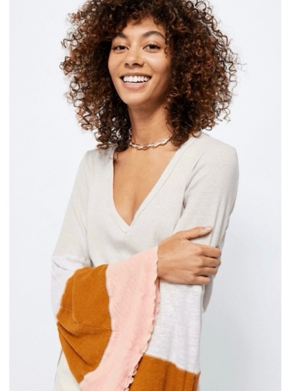 Free People Retro 70s Bohemian Bell Sleeve Neutral V Neck Top Small Linen NWT - Picture 14 of 15